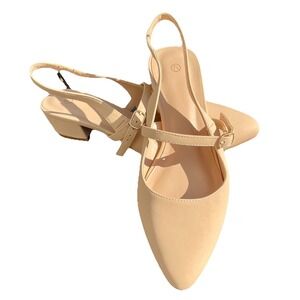 Mysoft Womens Sz.7.5 Nude Slingback Mary Jane Pumps Block Heel Adjustable